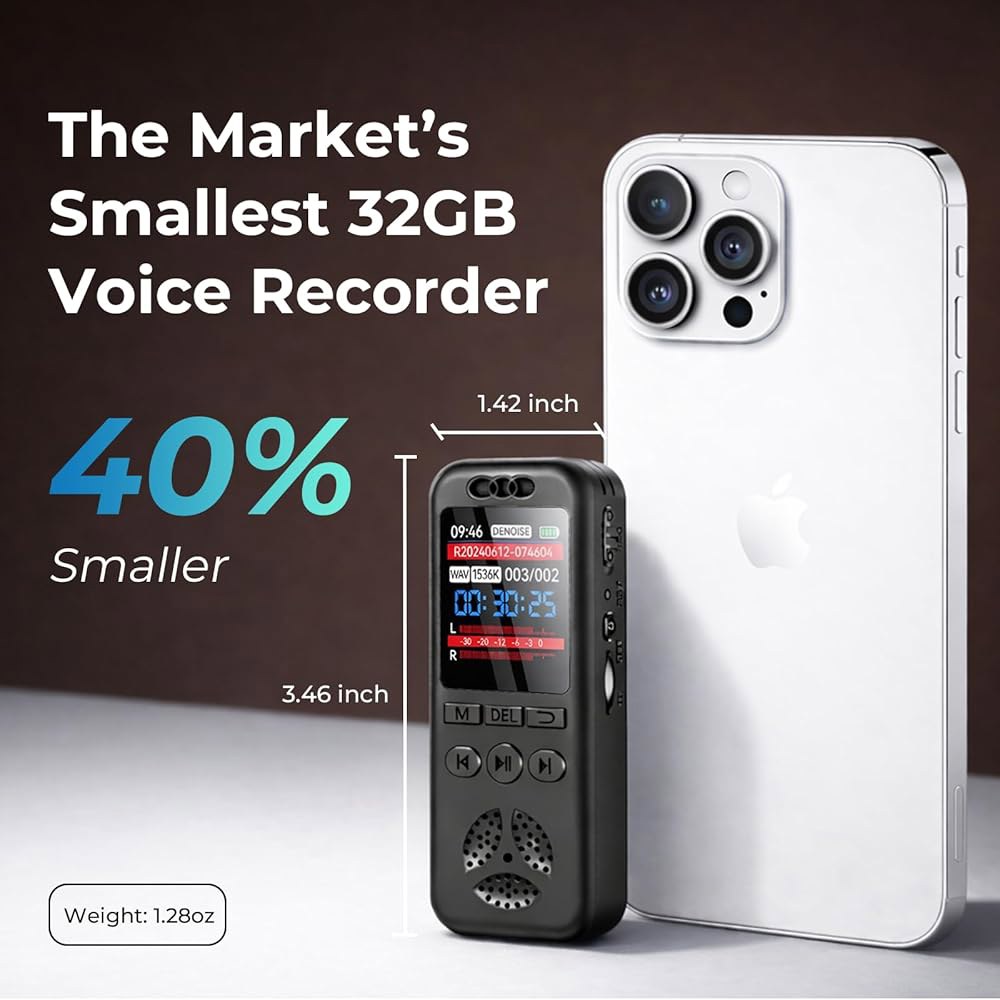 재생 기능이 있는 Capsu 32GB 디지털 음성 녹음기, 소형 활성화 1536Kbps 오디오, 70dB 소음 감소, 강연, 회의, 인터뷰 등을 위한 A-B 반복 녹음 장치 휴대용 - 상세 이미지 3
