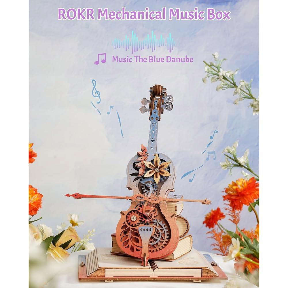 ROKR 3D 퍼즐, 나무 음악 상자-첼로, 모델 키트, DIY 빌딩 세트, 여성 남성을 위한 생일 선물 취미 - 상세 이미지 3