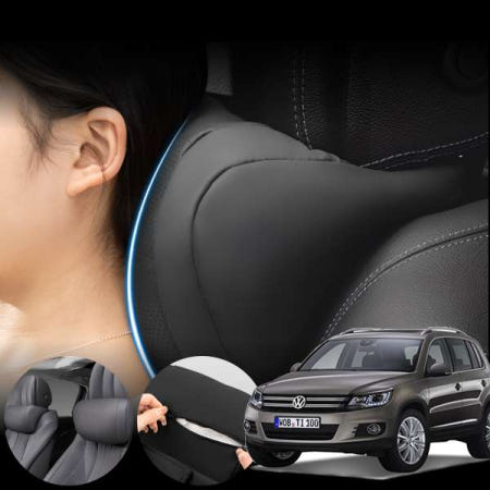 [자체제작]에스제이씨 폭스바겐 티구안 1세대 2.0TDI (CBA)(~17) 모템 프리미엄 차량용 가죽 헤드쿠션 경추지지 목받침 헤드레스트 쿠션 1+1 블랙 2개
