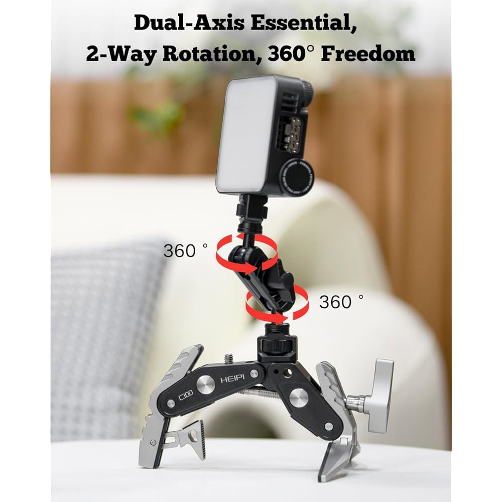 HEIPI 슈퍼 클램프 카메라 마운트 홀더 - 360 볼헤드 매직 암 MA175 및 삼각대 액세서리, 원형 튜브, 평면용 휴대폰 클립 PC01이 장착된 세이버투스 C100 - 상세 이미지 3