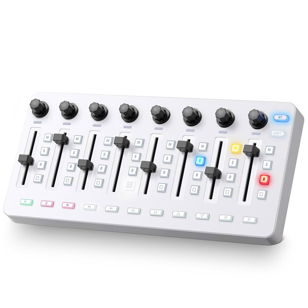 방고아 무선 미디 컨트롤러 믹서 음소거, 휴대용 USB 키보드 믹싱 콘솔 43 백라이트 버튼, LED 표시등이 있는 채널 페이더 8개, Daw, Mac, PC용 엔드리스 노브 8개 - 상품 이미지