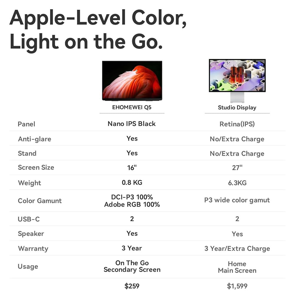 EHOMEWI Q5 휴대용 모니터 2.5K 120Hz 16인치 QLED, 2560 1600 400니트 HDR 100 DCI-P3 1500 1 sRGB, FreeSync, 16 10 - 상세 이미지 2
