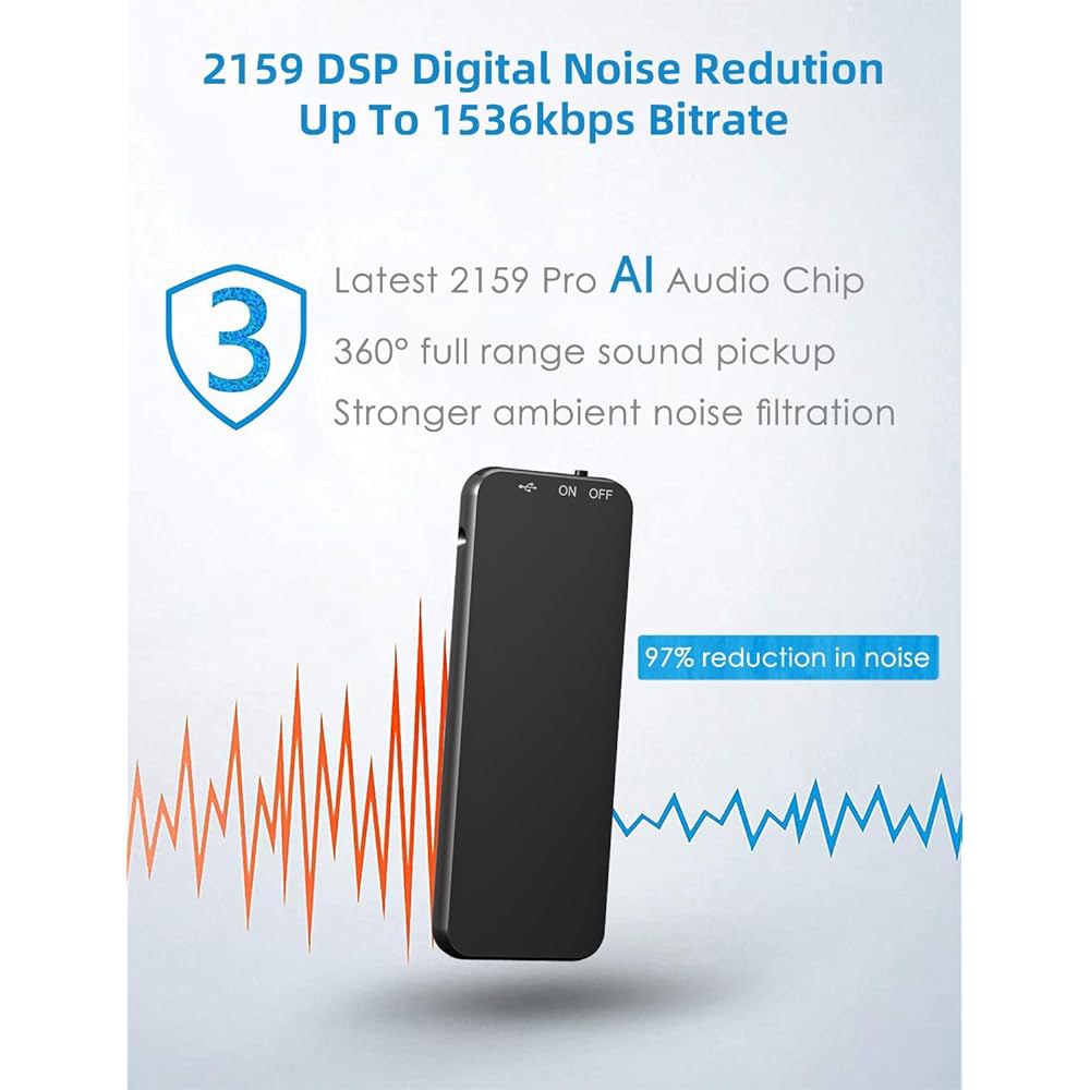 V53 64GB 휴대용 음성 녹음 장치(110시간-400mAh), AI 지능형 소음 감소 기능이 있는 Vormooi 프로페셔널 녹음기, 강의 회의용 1536Kbps 활성화 녹음기 - 상세 이미지 3