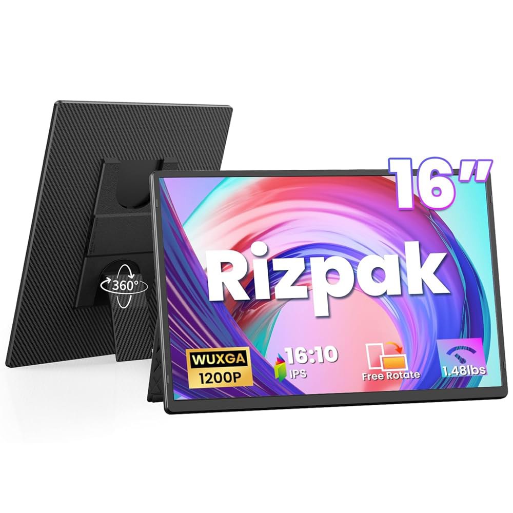 리즈팩 16인치 노트북 화면 익스텐더, 1920x1200 IPS 휴대용 모니터, 360 회전 스탠드가 있는 무경계 듀얼 스크린 PC용 울트라 슬림 여행용 모니터 플러그 앤 플레이, - 상품 이미지