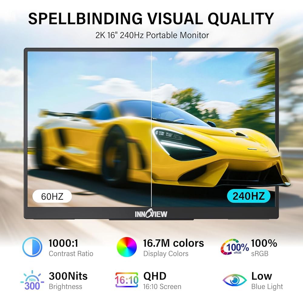 InnoView 16인치 240Hz 휴대용 모니터 2K 2560x1600 100 sRGB 게이밍 노트북 내장 스피커 180 조절 가능한 타입-C HDMI 화면 확장기 Surface - 상세 이미지 2