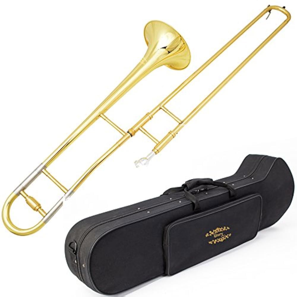 글로리 -2 B 플랫 브라스 트롬본, 케이스 및 12C 마우스피스, 골드 마감, 테너 트롬본 Trombone - 상품 이미지