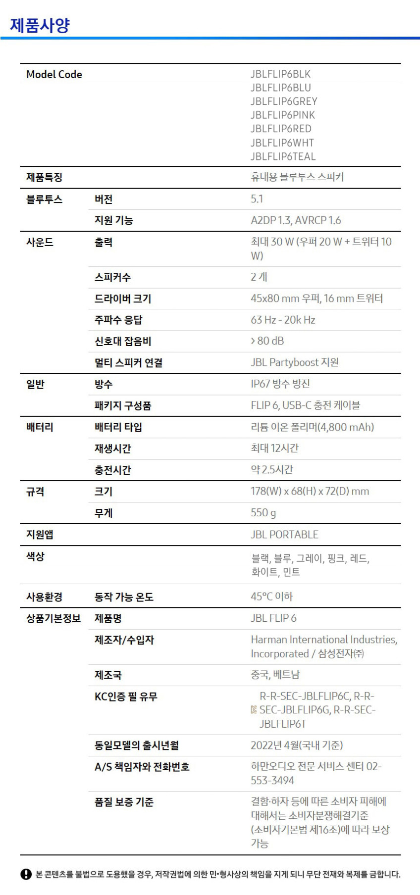 삼성공식파트너 JBL FLIP6 캠핑용 등산 운동 무선 블루투스 스피커 판매처 상세 정보 이미지 4