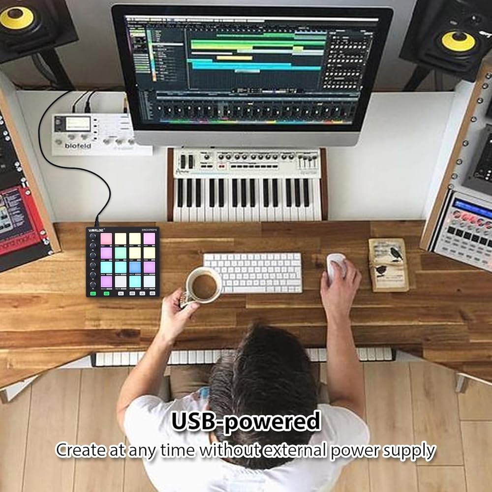 MIDI 컨트롤러 스트라이크 패드 미디 드럼 머신 비트 메이커 USB 키보드 6 할당 가능한 노브 노트 반복 풀 레벨 버튼 및 프로덕션 소프트웨어 휴대용 미니 16PAD - 상세 이미지 3
