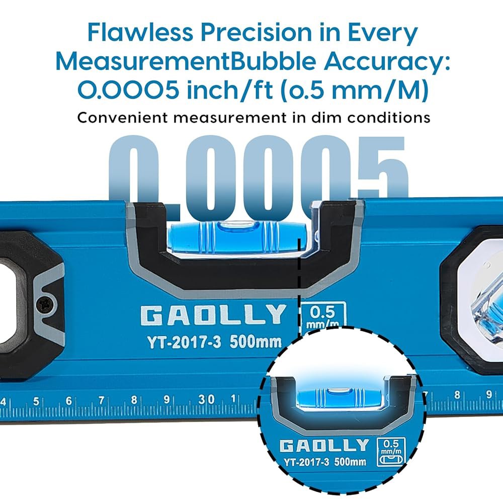 GAOLLY 3피스 스피릿 레벨 세트(12 , 24 , 40 ), 자기 어뢰가 장착된 세트, 45 / 90 180 기포 측정, 알루미늄 합금 레벨, 개방형 탑 뷰 디자인 - 상세 이미지 3
