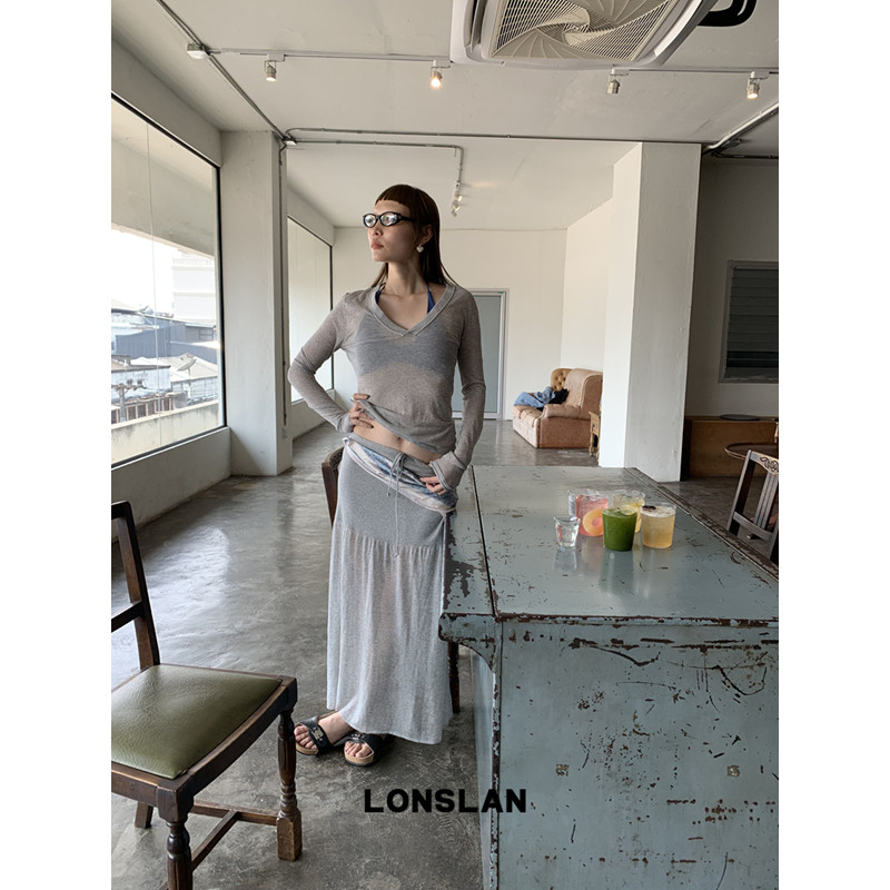 LONSLAN 론슬란 여름니트 롱스커트 시스루 플레어 여름 롱치마 - 상세 이미지 4