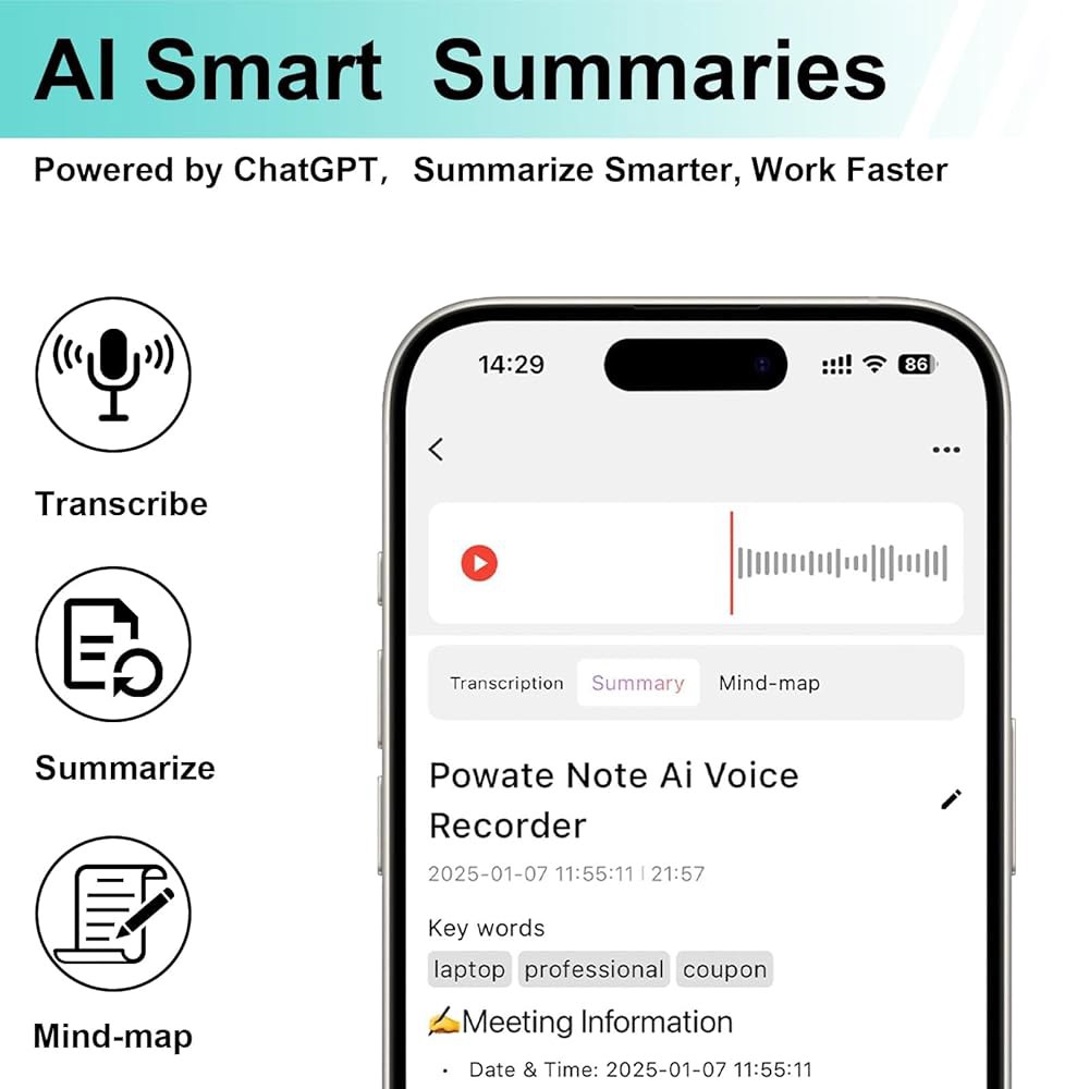 AI 음성 녹음기, ChatGPT에 의한 전사 및 요약, 강의, 회의, 통화를 위한 재생 기능이 있는 디지털 녹음기 장치, 107개 언어 지원, 64GB 메모리, APP 제어 - 상세 이미지 3