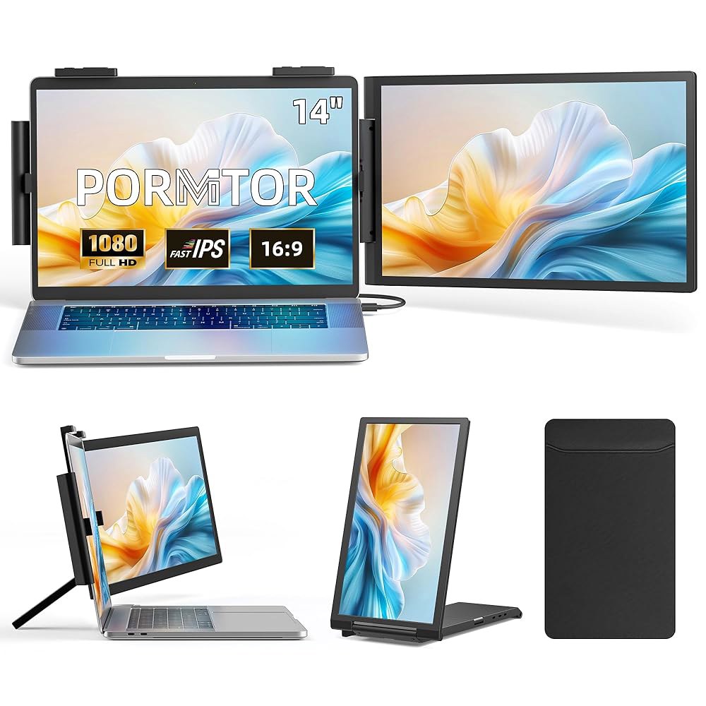 터 노트북 화면 익스텐더, 14인치 FHD 1080P IPS 모니터 USB C /HDMI 포트, 플러그 앤 플레이 휴대용 확장 포함 14인치-15.6인치 노트북용 14 Dual - 상품 이미지