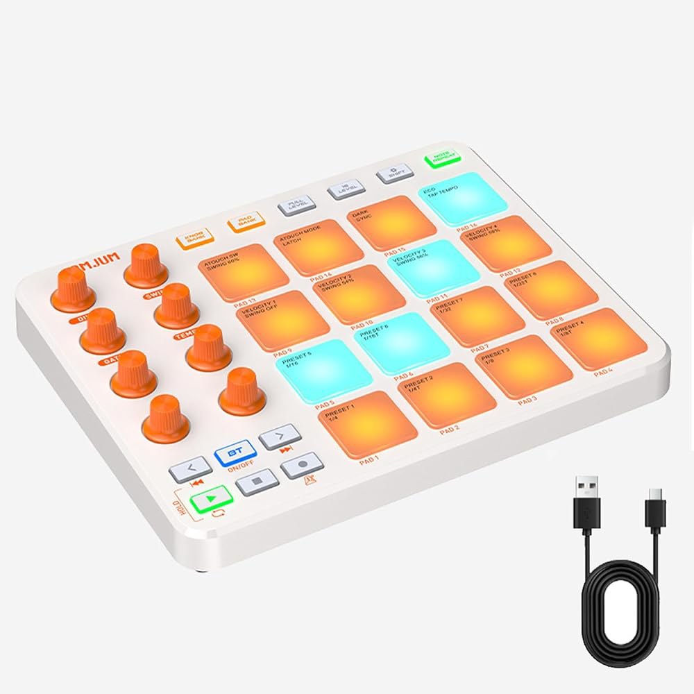 무선 MIDI 컨트롤러 패드, 16개의 드럼 8개의 할당 가능한 노브와 6개의 사용자 지정 버튼이 있는 블루투스 휴대용 USB, 비트 메이커 - 상품 이미지