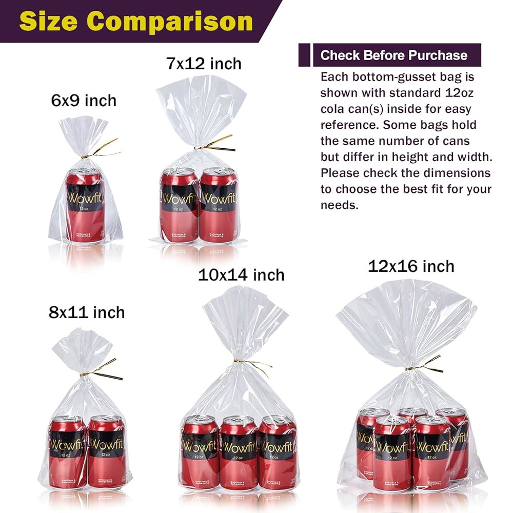 와우핏 50 CT 7x12 인치 클리어 바텀 거셋 셀로판 선물 가방, 6인치 골드 트위스트 넥타이, 파티용 첼로 포장, 베이비 샤워, 결혼 포장 - 상세 이미지 2