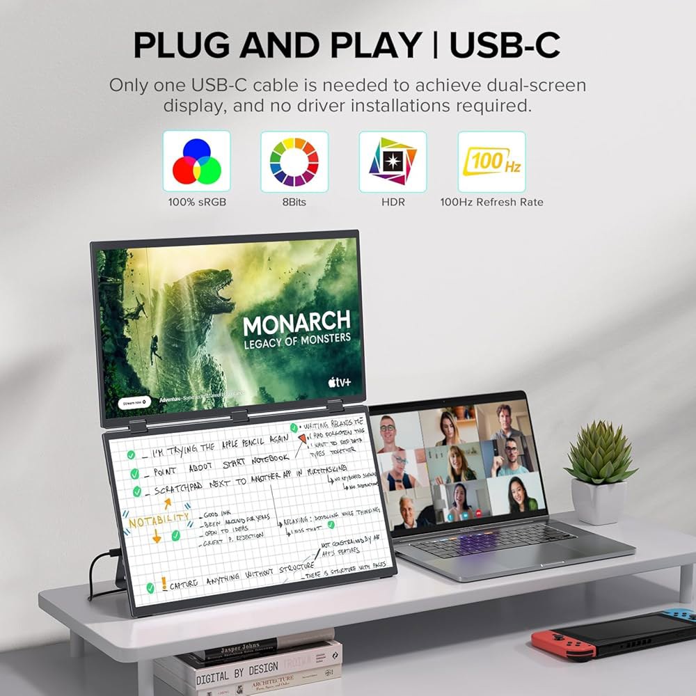 노트북 화면 확장기 1080P HDR 360 접이식 스택 트리플 모니터(스탠드 및 VESA 포함)용 UPERECT 델타 맥스 18.5인치 100Hz 듀얼 휴대용 모니터(드라이버 - 상세 이미지 3