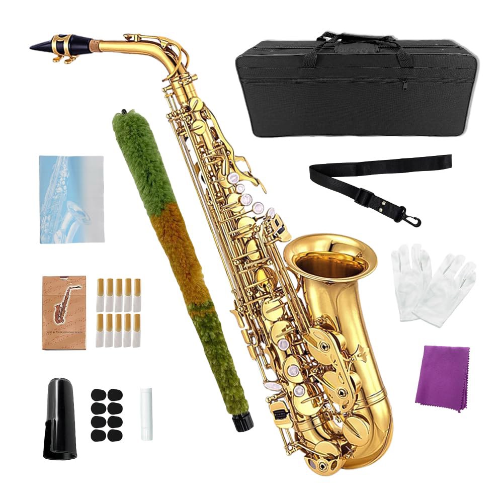 포야리날 알토 색소폰, 학생, 성인 및 초보자를 위한 케이스 액세서리가 포함된 Eb Flat Sax 컴플리트 키트(입마개, 갈대, 장갑, 천 브러시가 색소폰 세트)-골든 - 상품 이미지