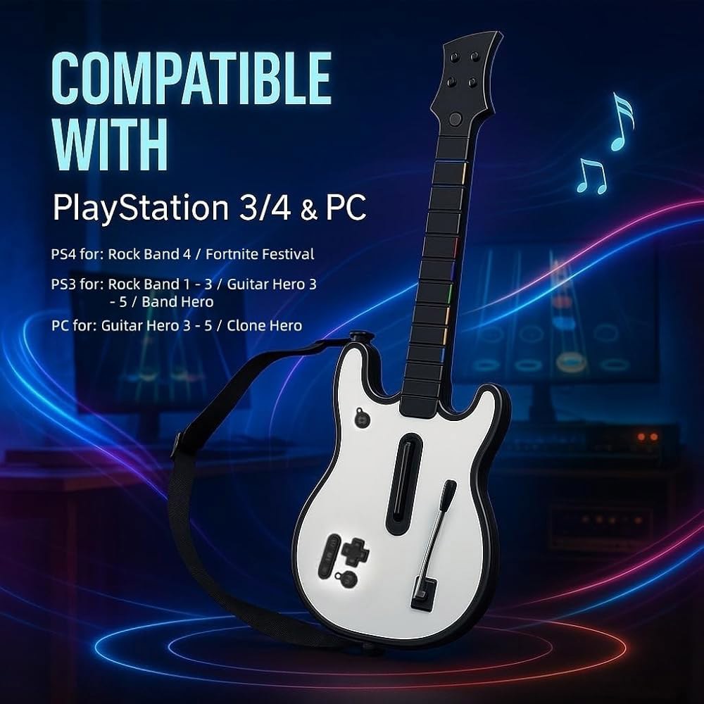 RGB 조명을 갖춘 라이빅스 무선 기타 히어로 컨트롤러, PS4 / PS3 PC와 호환, 3 /4 /5, 록 밴드 1 /2, 클론 히어로, 포트나이트 페스티벌, 체크 스트랩 및 - 상세 이미지 2