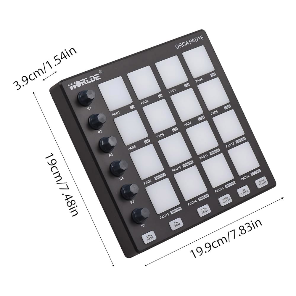 MIDI 컨트롤러 스트라이크 패드 미디 드럼 머신 비트 메이커 USB 키보드 6 할당 가능한 노브 노트 반복 풀 레벨 버튼 및 프로덕션 소프트웨어 휴대용 미니 16PAD - 상세 이미지 2