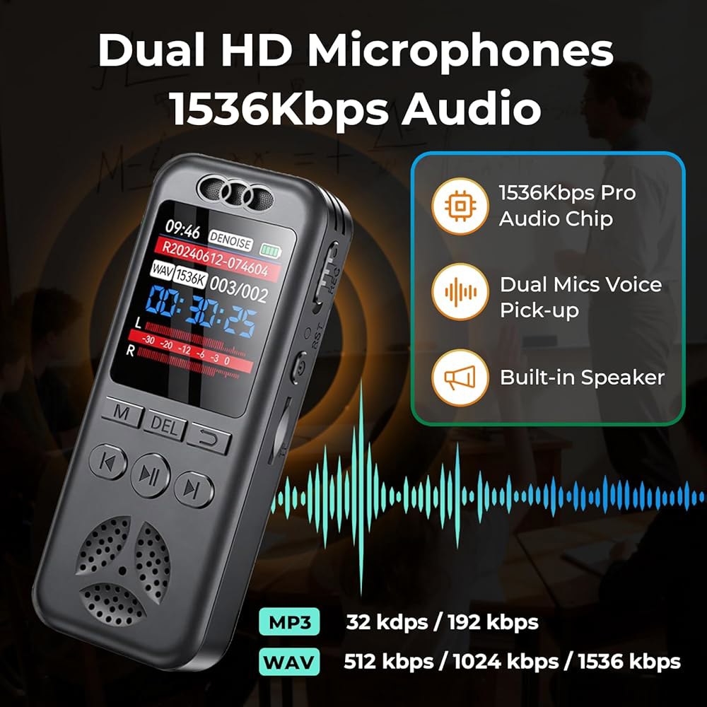재생 기능이 있는 Capsu 32GB 디지털 음성 녹음기, 소형 활성화 1536Kbps 오디오, 70dB 소음 감소, 강연, 회의, 인터뷰 등을 위한 A-B 반복 녹음 장치 휴대용 - 상세 이미지 2