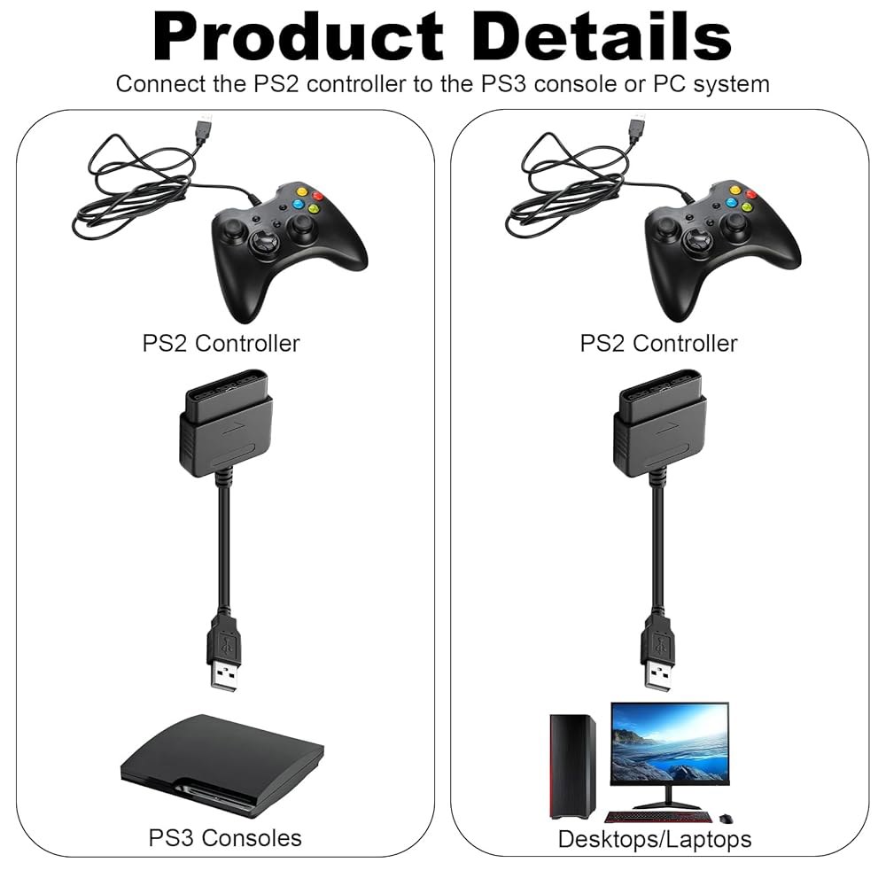 2Pcs PS2 컨트롤러에서 USB 컨트롤러 어댑터, 소니 플레이스테이션 PS1 기타 게임패드에서 PC / PS3로 호환되는 컨버터 케이블 [비디오 게임] - 상세 이미지 2