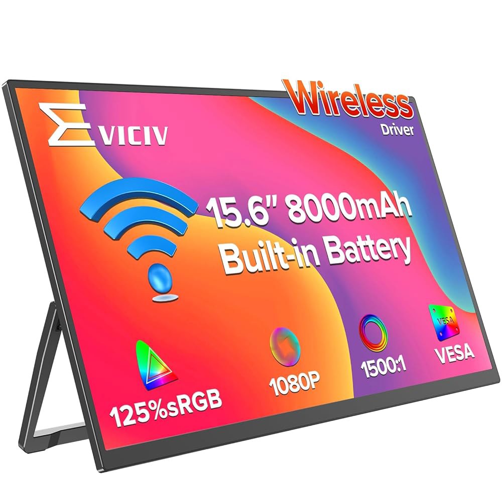 8000mAh 배터리가 장착된 무선 휴대용 모니터, 15.6인치 에어플레이 지원, 미라캐스트 노트북 디스플레이, USB-C & MINI HDMI VESA, 노트북, 컴퓨터, 게임 - 상품 이미지