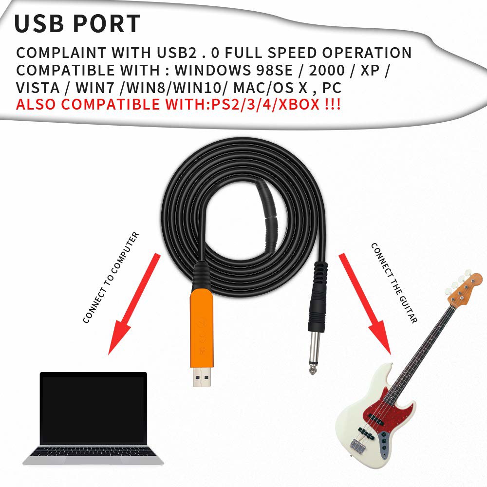 예스퓨어 USB 기타 케이블 10피트, 인터페이스 남성부터 6.35mm 1/4인치 금도금 TS 모노 플러그, PC, Mac, Xbox, PS4, PS3, PS2와 호환되는 녹음 - 상세 이미지 2