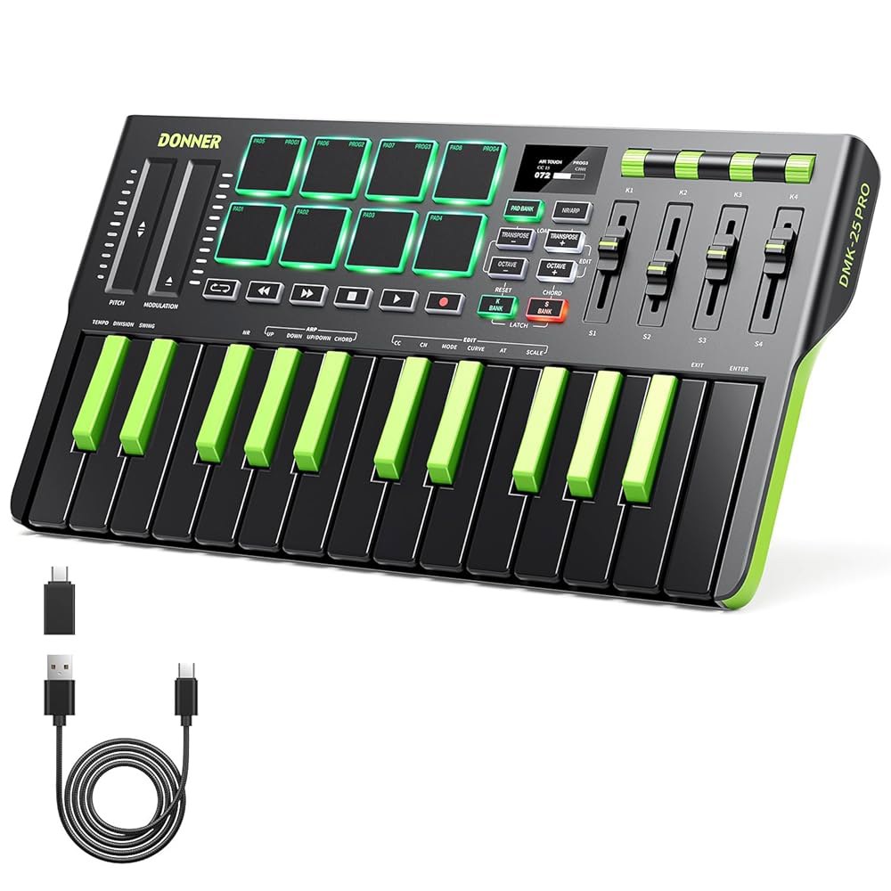 도너 DMK25 프로 MIDI 키보드 컨트롤러, 8개의 드럼 패드, OLED 디스플레이, 개인화된 터치 바, 음악 제작 소프트웨어 및 40개의 교육 과정을 갖춘 미니 키 휴대용 - 상품 이미지
