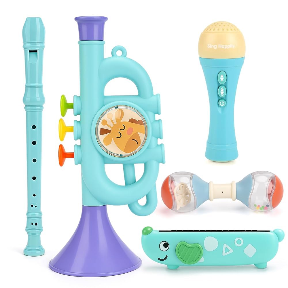 3세 소년 소녀 생일 선물 2개를 위한 음악 장난감, 5 in 1 몬테소리 악기 2-4 (트럼펫 / 마이크 플루트 하모니카 포함), 18개월 이상을 용 학습 장난감 - 상품 이미지