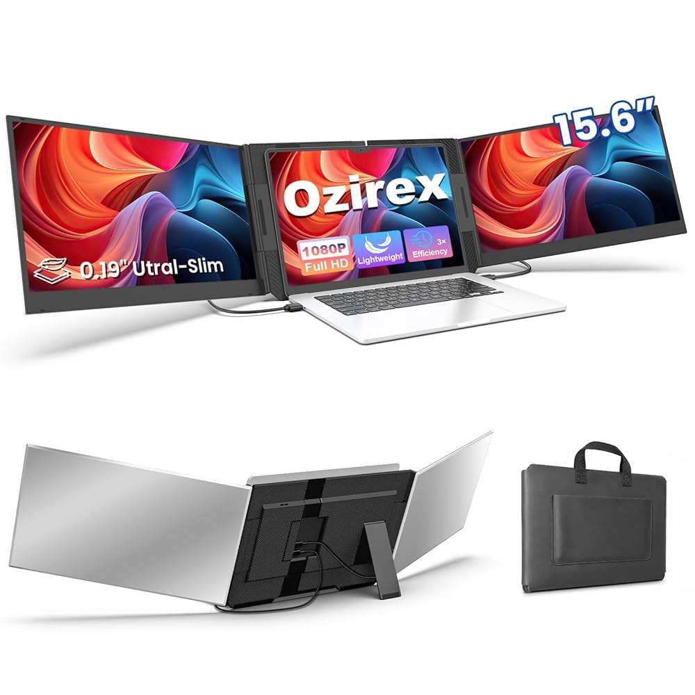 Ozirex 15.6인치 노트북 화면 확장기, 노트북용 FHD 1080P 트리플 휴대용 모니터, 13.3인치 u201317.3인치 울트라 슬림 여행용 USB-C 및 HDMI 플러그 - 상품 이미지