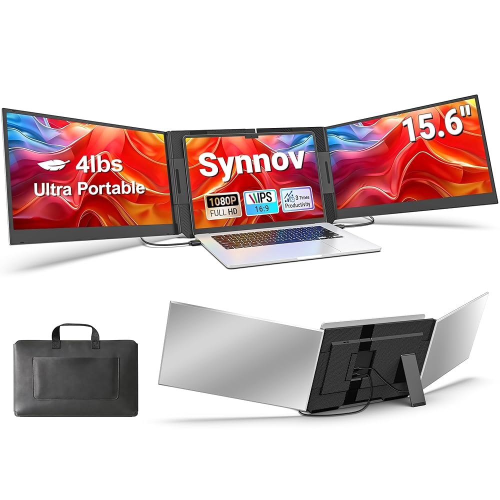 Synnov 15.6 u201C 노트북 화면 익스텐더, 1080P FHD 울트라 라이트 및 노트북용 휴대용 트리플 모니터, 12-17.3인치 노트북, 플러그 앤 플레이 여행용 모니 - 상품 이미지