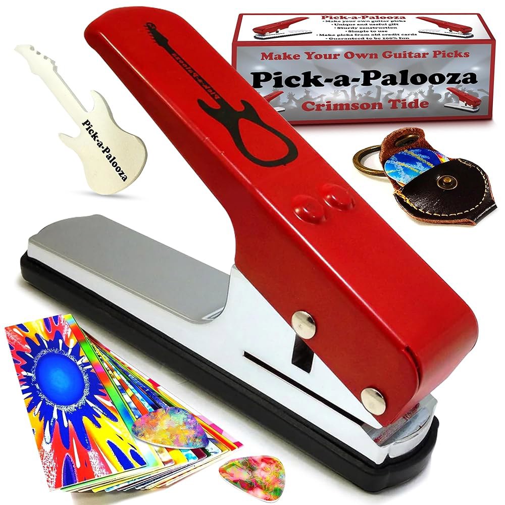 Pick-a-Palooza DIY 기타 픽 - 뮤지션을 위한 맞춤형 메이커 가죽 열쇠고리 홀더, 아트워크 및 파일이 포함된 스트립 남녀를 독특한 선물 레드 펀치 - 상품 이미지