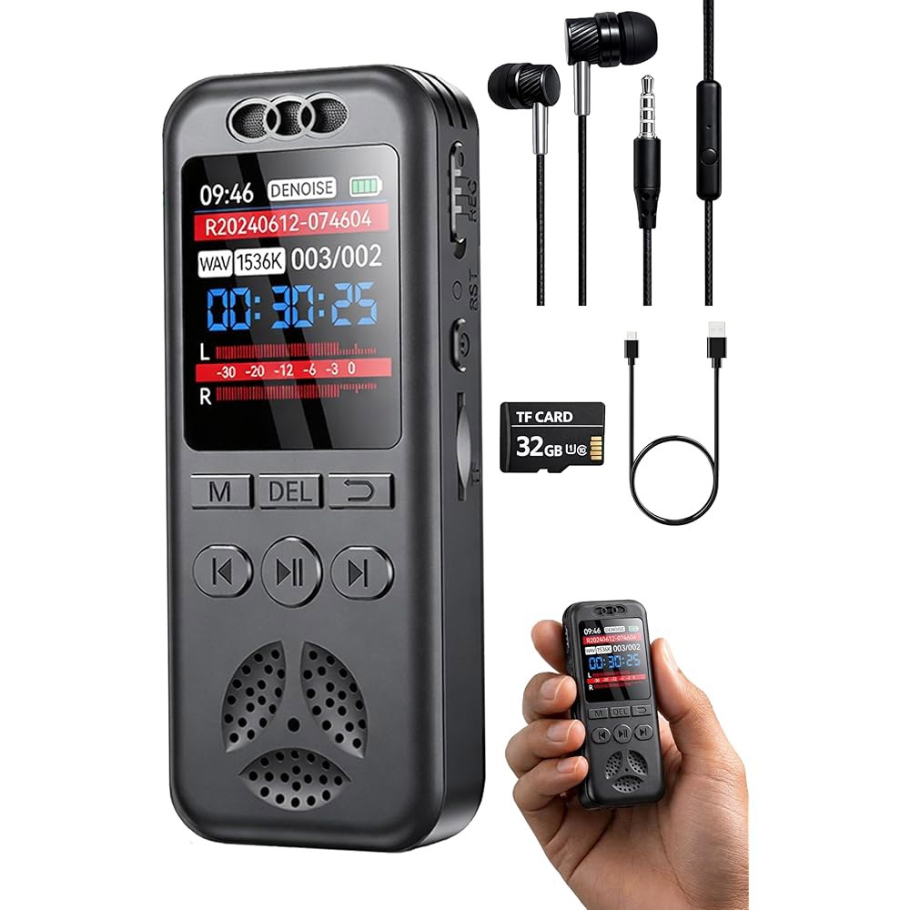재생 기능이 있는 Capsu 32GB 디지털 음성 녹음기, 소형 활성화 1536Kbps 오디오, 70dB 소음 감소, 강연, 회의, 인터뷰 등을 위한 A-B 반복 녹음 장치 휴대용 - 상품 이미지