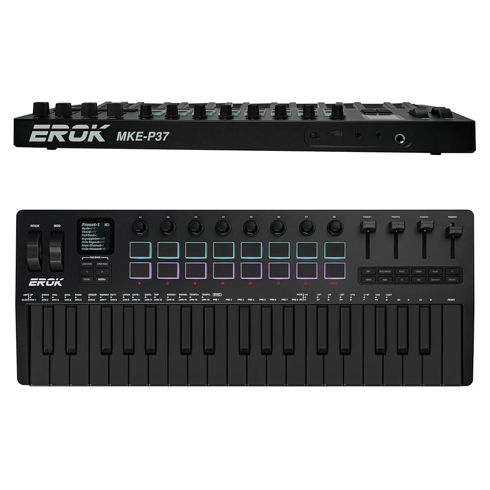 EROK 37 키 MIDI 키보드 컨트롤러, 3.5mm 출력, 백라이트 드럼 패드 16개, 노브 8개, DAW 통합 및 아르페지오터, 음악 제작 장비 스튜디오 컨트롤러(다크)