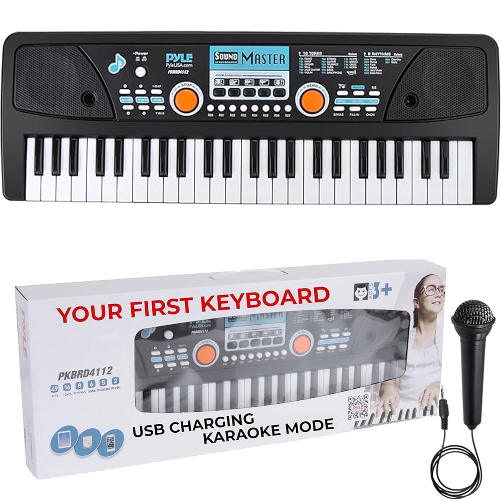 초보자와 어린이를 위한 드럼 패드, 마이크, 녹음 및 재생 모드가 있는 Pyle 49-Key 일렉트릭 피아노 키보드 u2013 휴대용 디지털 음악 49 Keys - 상품 이미지