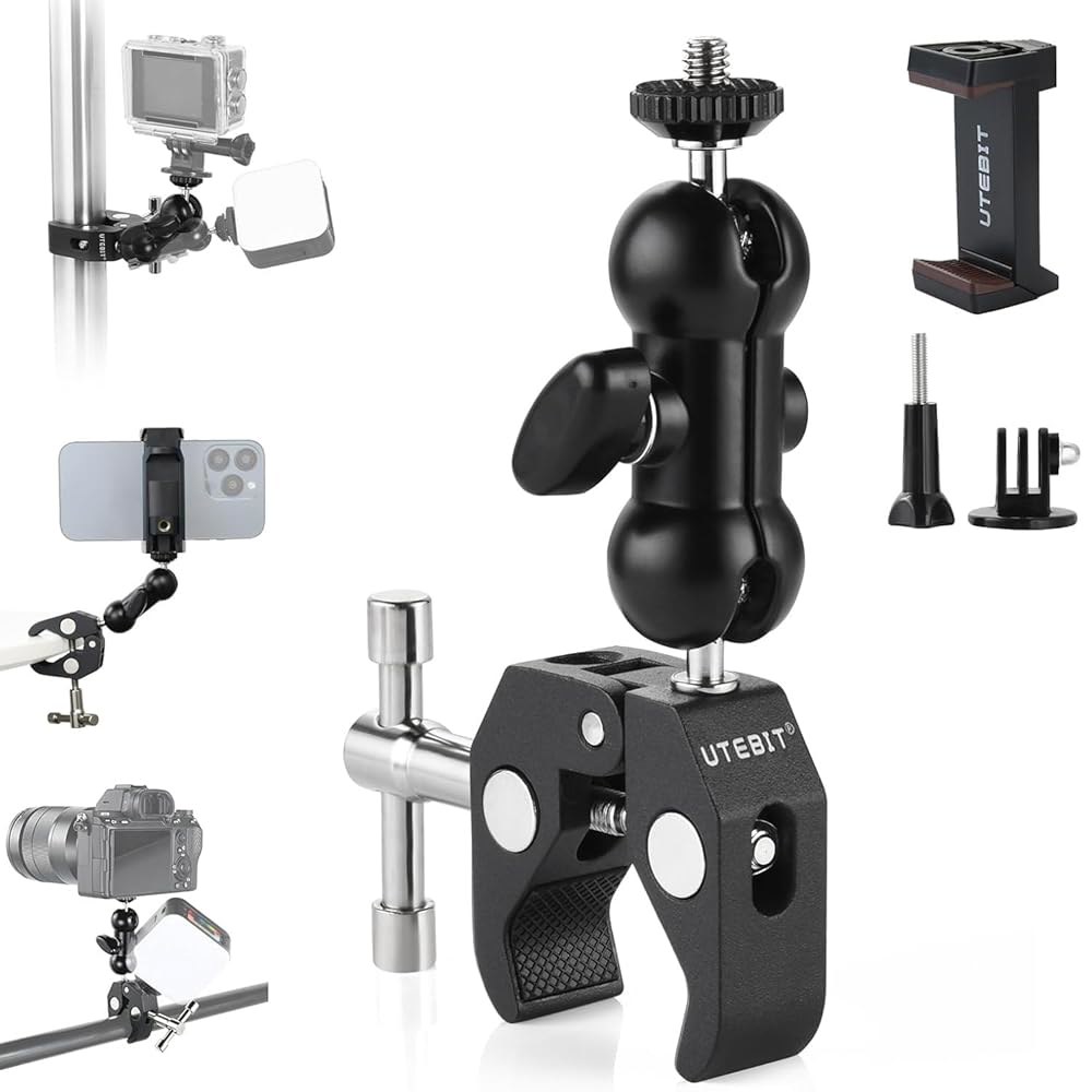 360 볼헤드 매직 암이 장착된 UTEBIT 슈퍼 클램프 카메라 마운트, 1/4인치 및 3/8인치 스레드가 데스크 / 자전거 모터사이클 핸들바 for GoPro, 휴대폰, 카메라, - 상품 이미지