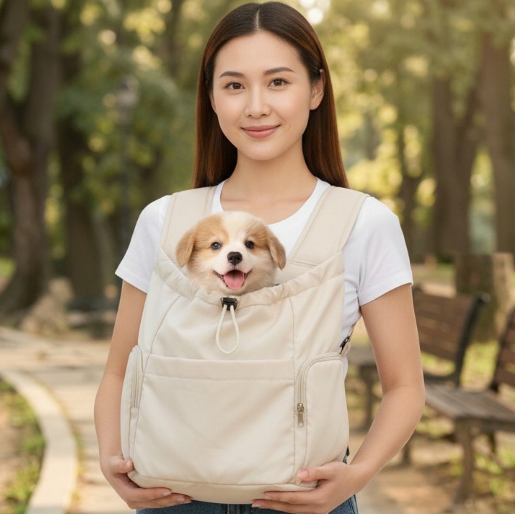 옴마펫 강아지 앞가방 이동 중형견 포대기 베이지, 40cm 이미지 6