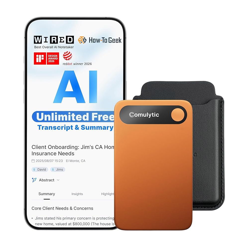 Comulytic Note Pro AI 음성 녹음기, 무제한 전사 및 요약, 원탭 녹음 장치(AI 노트 포함), 113개 언어 지원, 64GB, 통화, 회의, 강의, 오렌지용 오디 - 상품 이미지