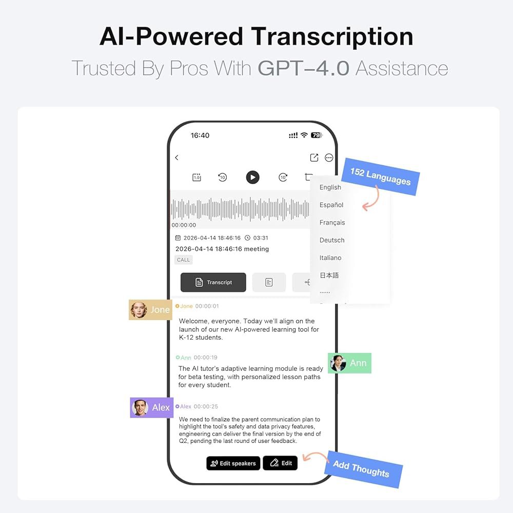 AI, 앱 제어, 회의 및 통화용 64GB 오디오 레코더로 전사 요약, 152개 언어 지원, 초슬림 노이즈 감소 레코더, 케이스 포함, 그레이 - 상세 이미지 3