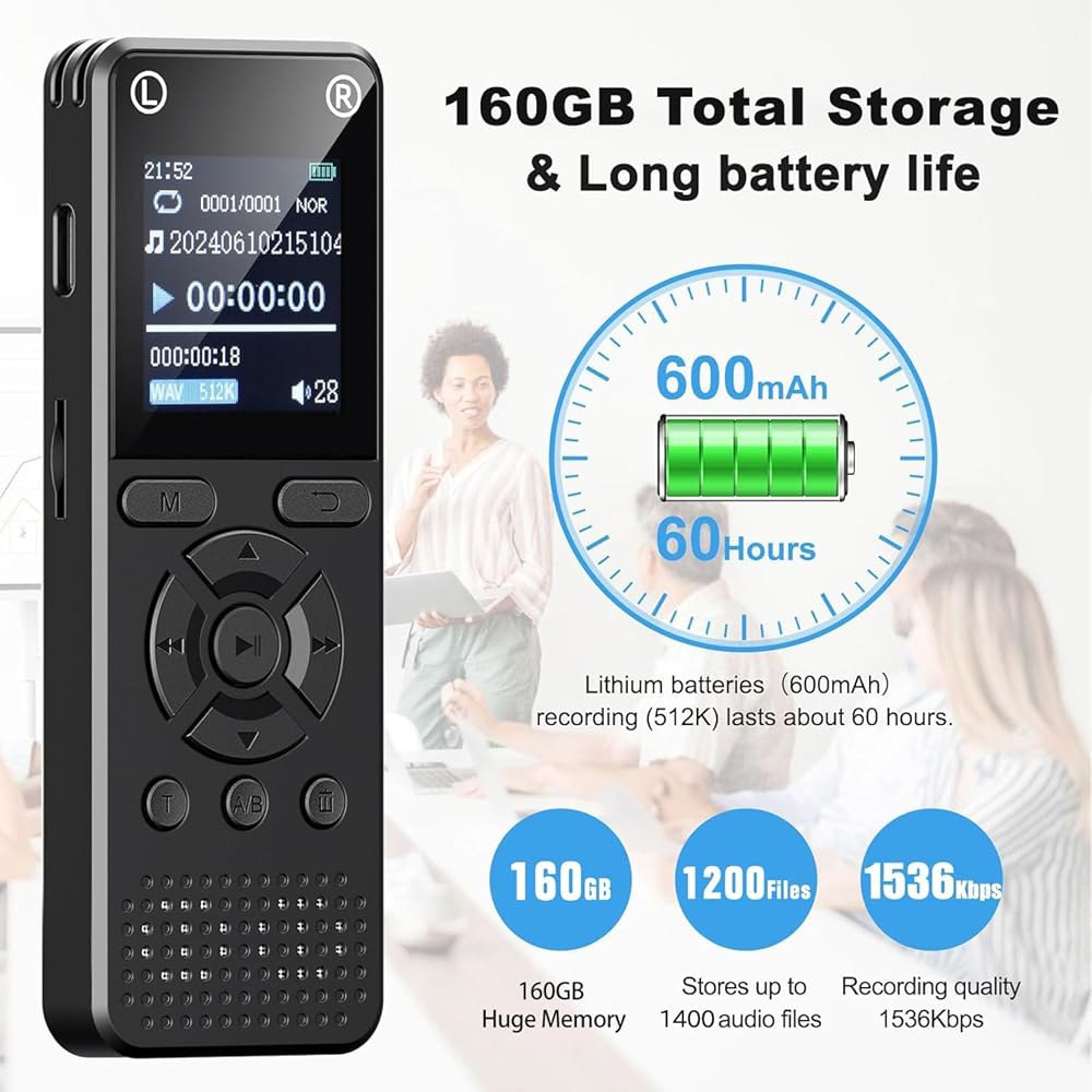 160GB 디지털 음성 녹음기, 내장 스피커가 있는 휴대용 오디오 활성화, WAV, A/B 반복 및 비밀번호 보호 u2013 회의, 강연 인터뷰에 이상적임 - 상세 이미지 3