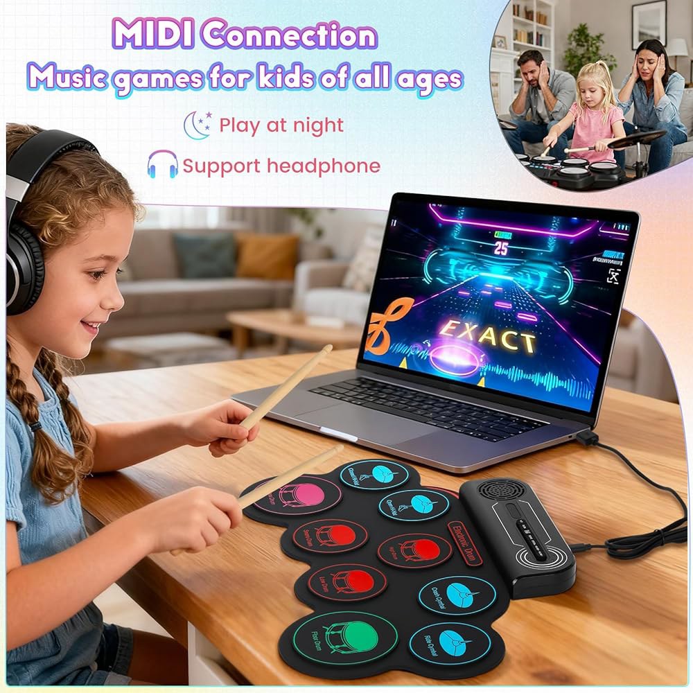 전자 드럼 세트, 9패드 일렉트릭 세트 듀얼 스테레오 스피커, MIDI. 어린이용 휴대용 롤업 연습 패드, 소년 소녀를 위한 완벽한 생일 및 크리스마스 선물 9-Pads Black - 상세 이미지 3