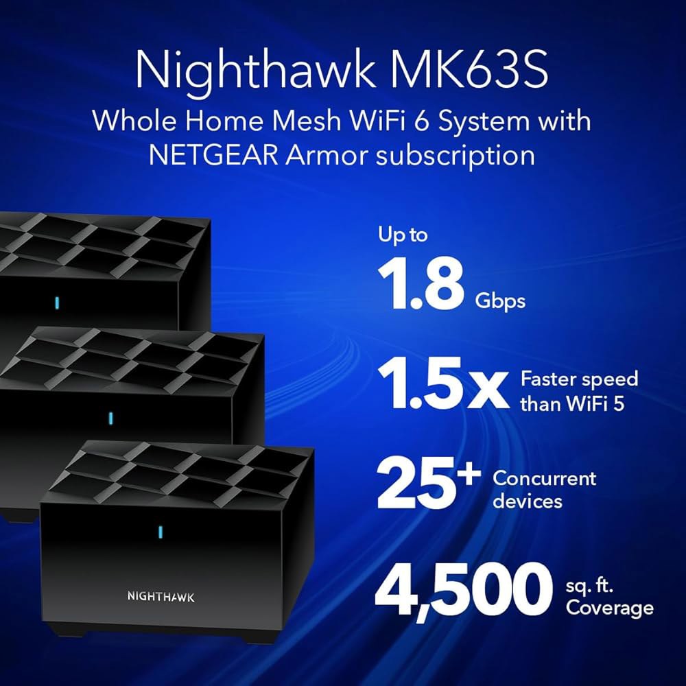 NETGEAR 나이트호크 어드밴스드 홀 홈 메시 WiFi 6 시스템(MK63S), 무료 장갑 u2013 AX1800 라우터, 위성 익스텐더 2개 포함, 최대 4,500평방피트 - - 상세 이미지 2