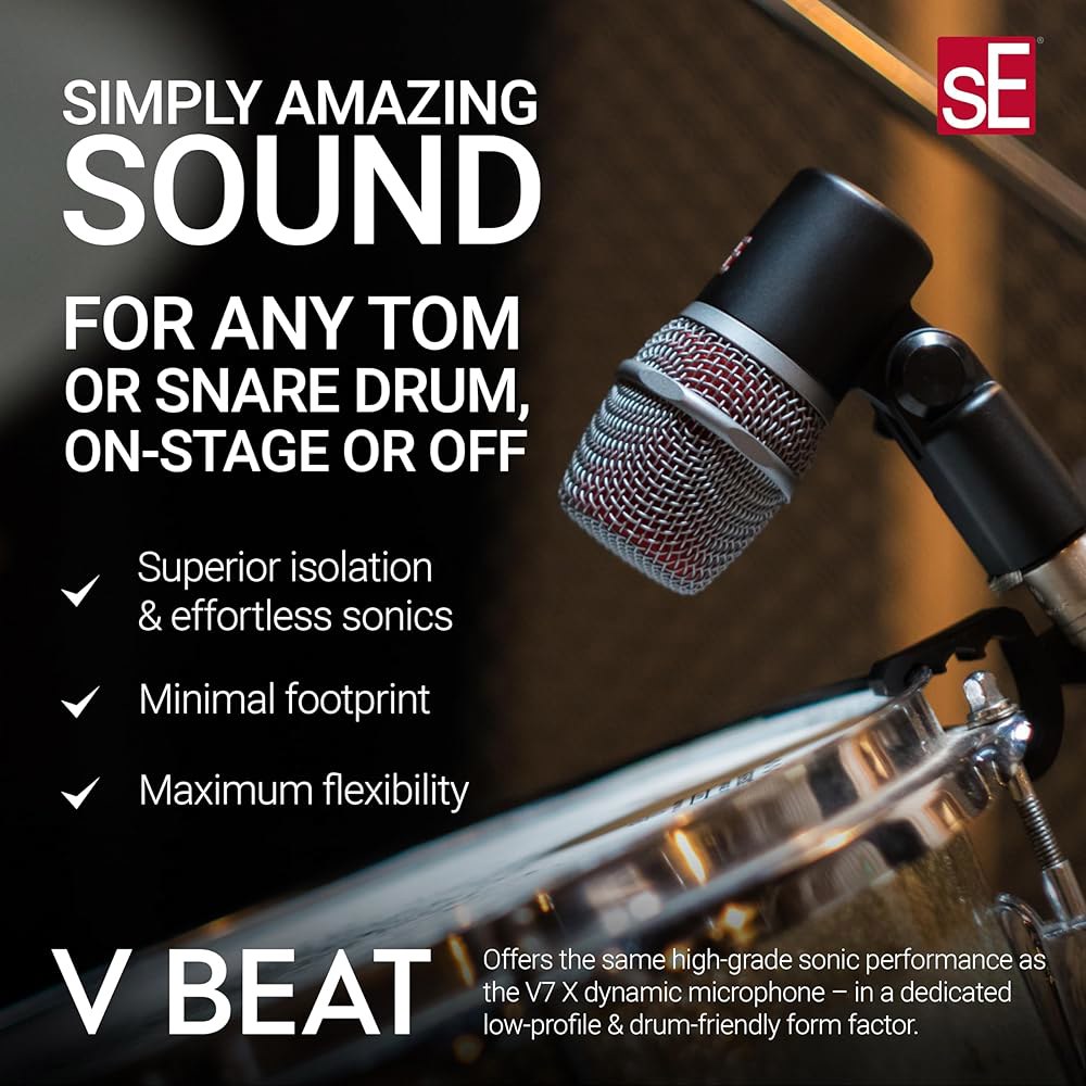 SE Electronics V BEAT 드럼 마이크 - 정밀한 위치 설정을 위한 조절 가능한 회전 마운트가 있는 톰스 앤 스네어용 컴팩트 다이내믹 슈퍼카디오이드 스튜디오 및 라이브 - 상세 이미지 2