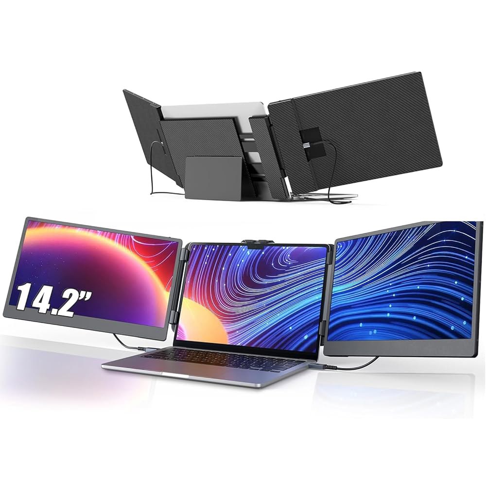 14인치 화면 익스텐더 휴대용 노트북 플러그 플레이, 1080P IPS 모니터 내장 스피커, HDMI /USB-A /Type-C 13인치-17.3인치 노트북용 트리플 모니터, Ma - 상품 이미지