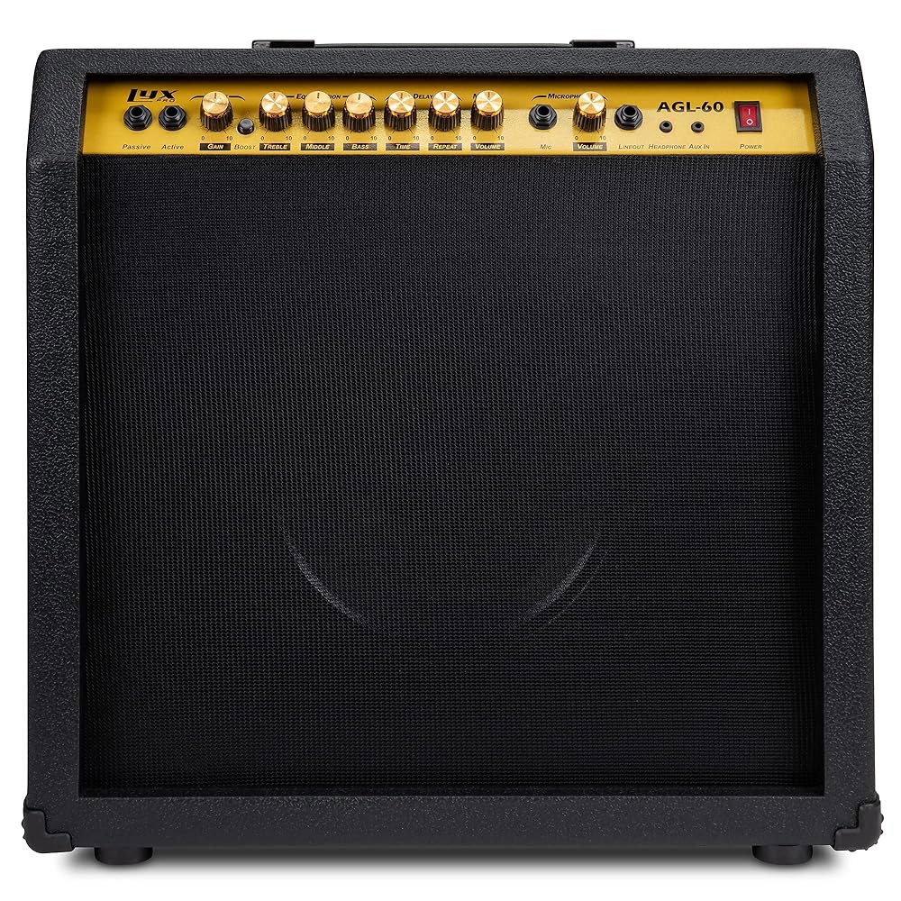 LyxPro 60와트 일렉트릭 기타 앰프 | 10개의 u201D 4옴 스피커, 커스텀 EQ 컨트롤, 드라이브, 지연, 패시브/액티브/마이크폰 입력, 보조 및 헤드폰 잭이 포함된 - 상품 이미지