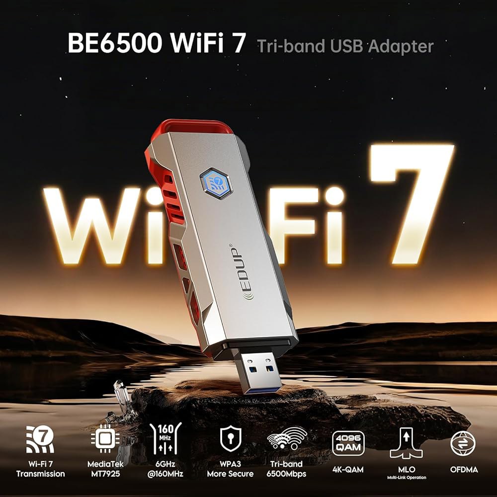 PC용 EDUP USB WiFi 7 어댑터, 3.0 동글 BE6500Mbps, 트라이밴드 6GHz / 5GHz 2.4GHz 무선 네트워크 게임용 카드, Windows 11 및 Li - 상세 이미지 3