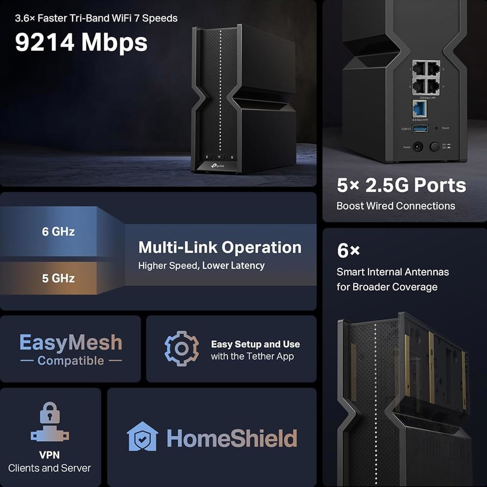 TP-Link 트라이밴드 BE9300 WiFi 7 라우터(Archer BE550) u2013 6스트림, 풀 2.5G 포트, 내부 안테나 6개, 최대 2,000평방피트, 이지메시 - 상세 이미지 3