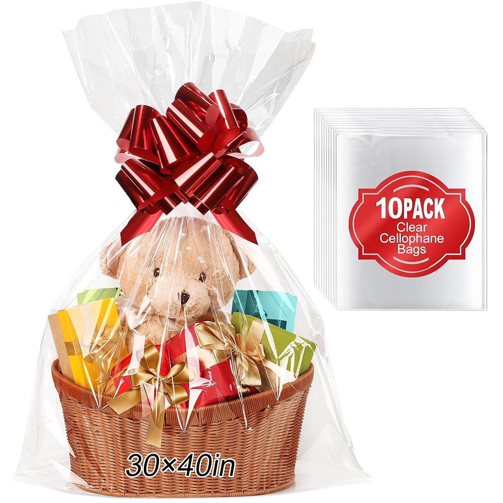 TMIOLUD 10PCS 초대형 셀로판 백, 선물 바구니용 30x40 인치 프리미엄 클리어 랩, 가방 포장 두께 260 밀리리터 - 상품 이미지