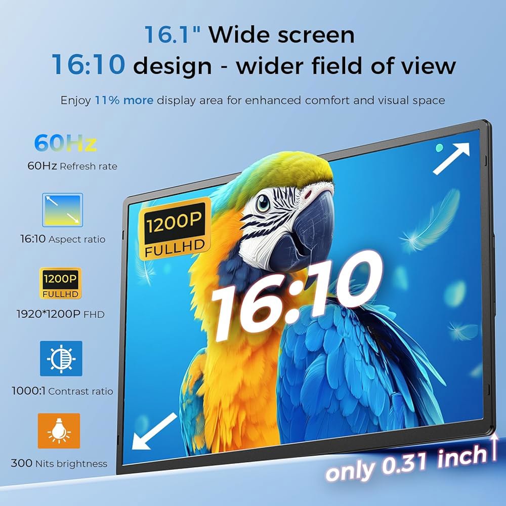 Enzion 노트북 화면 익스텐더 16.1인치, 1200P FHD, 휴대용 모니터 360 회전식 탈착식 스탠드, 높이 조절 가능한 노트북용 13-17.5인치, 태블릿, PC, 휴대 - 상세 이미지 3