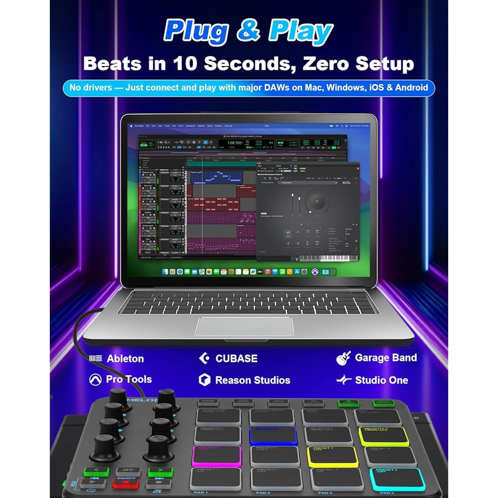무선 연결이 가능한 Umelody JP-1 MIDI 패드 컨트롤러, 음악 제작을 위한 16개의 RGB 비트 패드, 초보자를 휴대용 메이커, 핑거 드럼, 샘플링, 노트북, 태블릿, - 상세 이미지 2