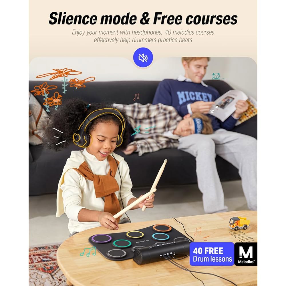 도너 전기 드럼 패드, 9 패드 전자 세트 롤업 조용한 내장 스피커, 레슨 40개 포함, 홀리데이 및 생일 악기 장난감 DED-20 - 상세 이미지 2